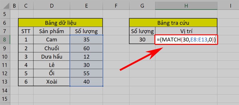 Ví dụ minh họa hàm MATCH