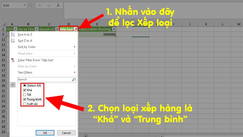 Chọn và lọc ra các kết quả của xếp loại 