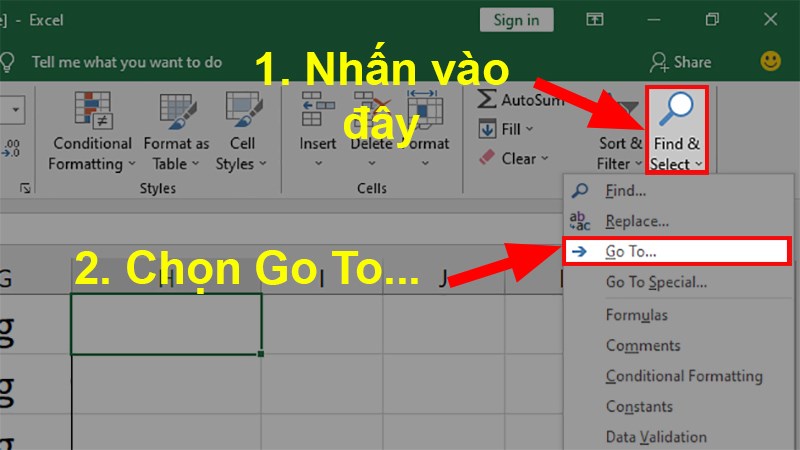 Đi đến mục Editing > Nhấn vào Find & Select > Chọn Go To...