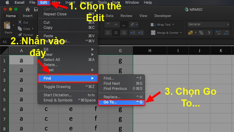 Tô chọn các cột, dòng cần sao chép > Chọn thẻ Edit > Nhấn vào Find > Chọn Go To..