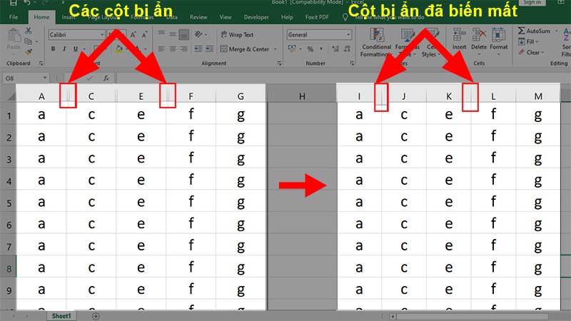 Dán dữ liệu đã copy ở vị trí cần dán và kết quả hiển thị sẽ không có các dòng hay cột ẩn nữa