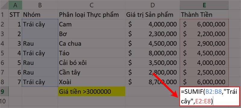 Nhập hàm =SUMIF(B2:B8,