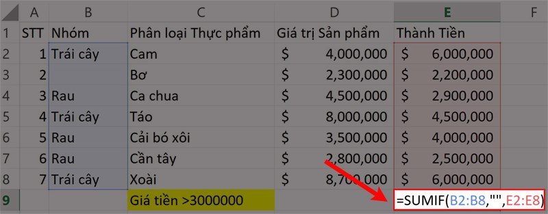 Nhập hàm =SUMIF(B2:B8,