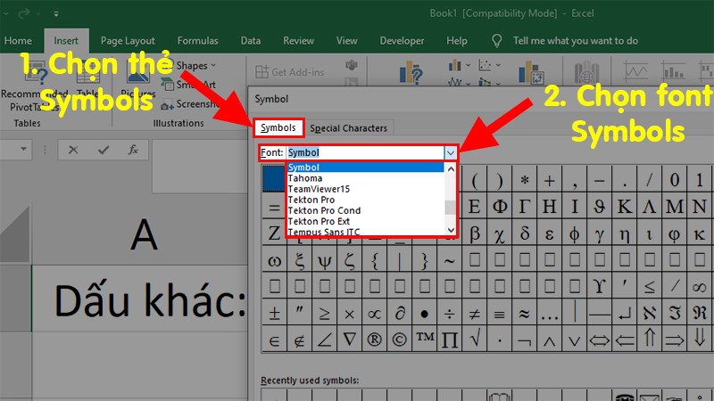 Hộp thoại hiên lên > Chọn thẻ Symbols > Tại mục Font nhấn vào mũi tên sổ xuống > Chọn Symbol