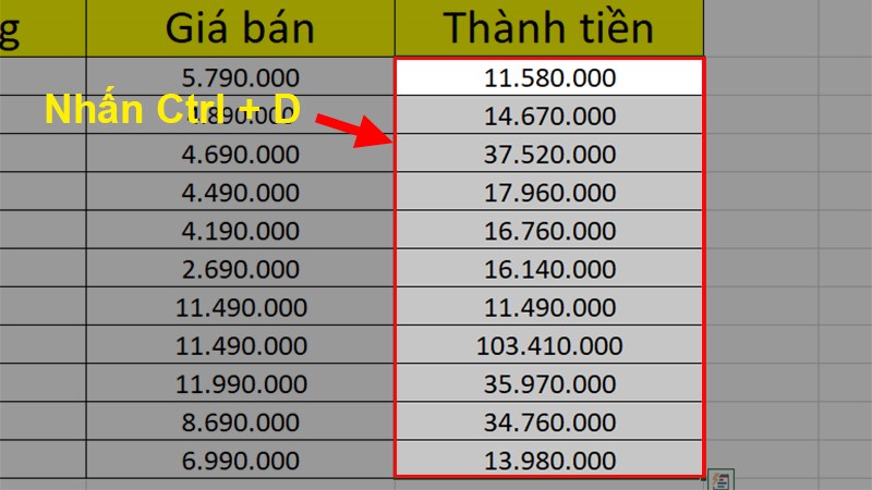 Nhấn tổ hợp phím Ctrl + D để copy nhanh công thức từ ô chứa công thức đến các ô còn lại