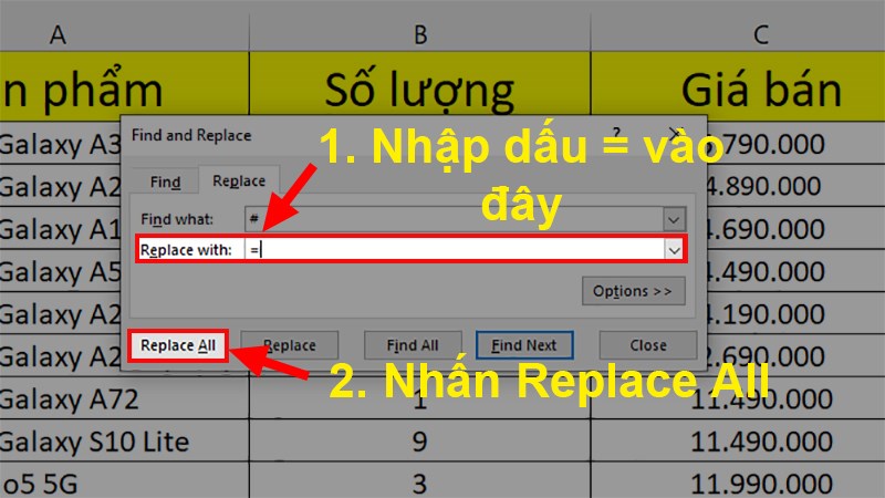 Ở mục Replace with > Nhập bất cứ ký tự nào ngoài dấu “=” (Ở đây mình sẽ nhập #) > Nhấn Replace All