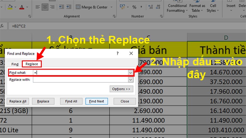 Ở hộp thoại xuất hiện > Chọn thẻ Replace > Ở mục Find what > Nhập dấu “=”