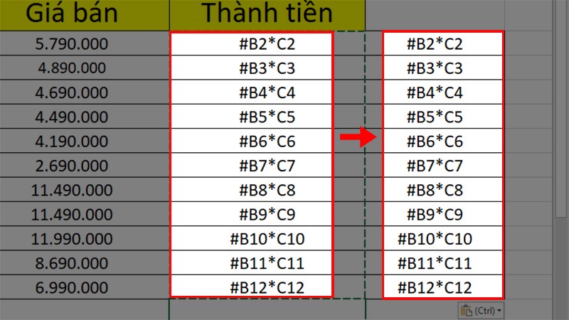 Nhấn Ctrl + C để copy công thức ở cột vừa được thay đổi > Di chuyển đến vị trí bạn muốn dán công thức > Nhấn Ctrl + V để dán kết quả