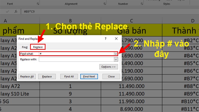 Ở hộp thoại xuất hiện > Chọn thẻ Replace > Ở mục Find what > Nhập dấu “#”