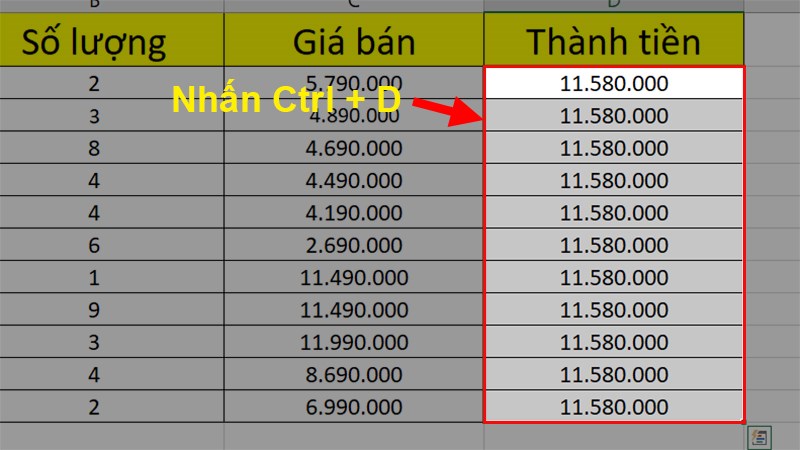 Nhấn tổ hợp phím Ctrl + D để copy nhanh công thức từ ô chứa công thức đến các ô còn lại