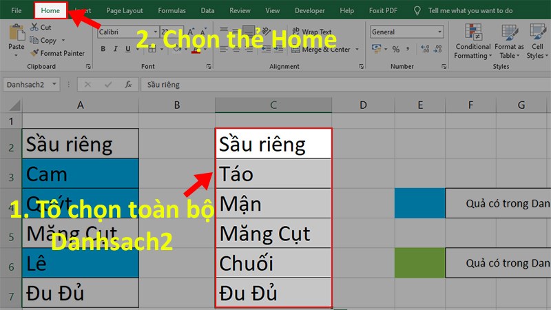 Lựa chọn toàn bộ Danhsach2 > Chọn thẻ Home