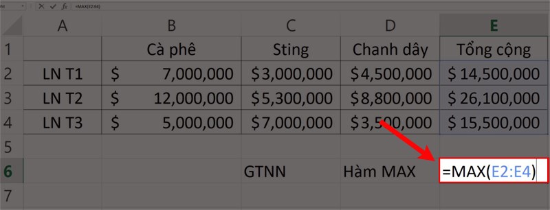 Nhập hàm =MAX(E2:E4) vào ô tham chiếu E6.