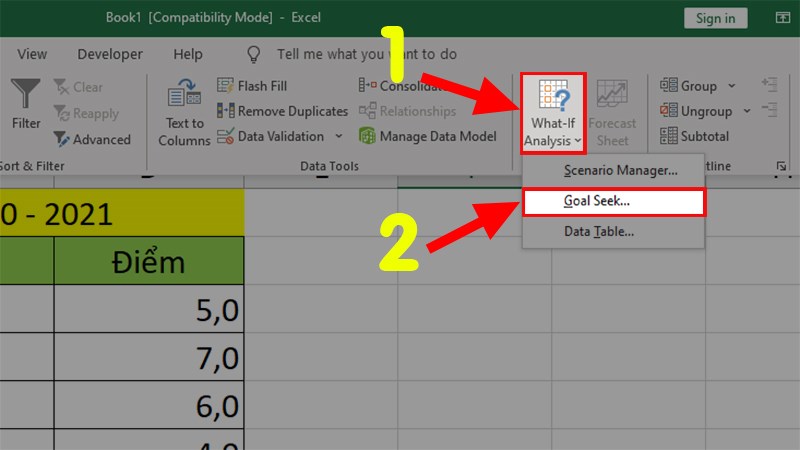 Ở phần Data Tools > Chọn lệnh What-If Analysis > Chọn Goal Seek… từ menu thả xuống