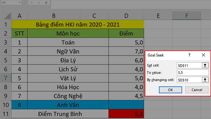 Ở hộp thoại Goal Seek xuất hiện > Bạn nhập các dữ liệu như hình > Nhấn OK để chạy Goal Seek.