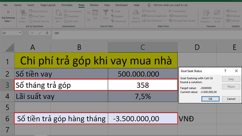 Goal Seek sẽ thực hiện tính toán, phân tích và đưa ra kết luận với khả năng trả góp 3,500,000 đồng/tháng, bạn có thể chọn thời hạn vay là 358 tháng