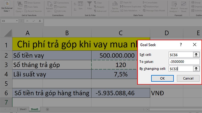 Ở hộp thoại Goal Seek xuất hiện > Bạn nhập các dữ liệu như hình > Nhấn OK