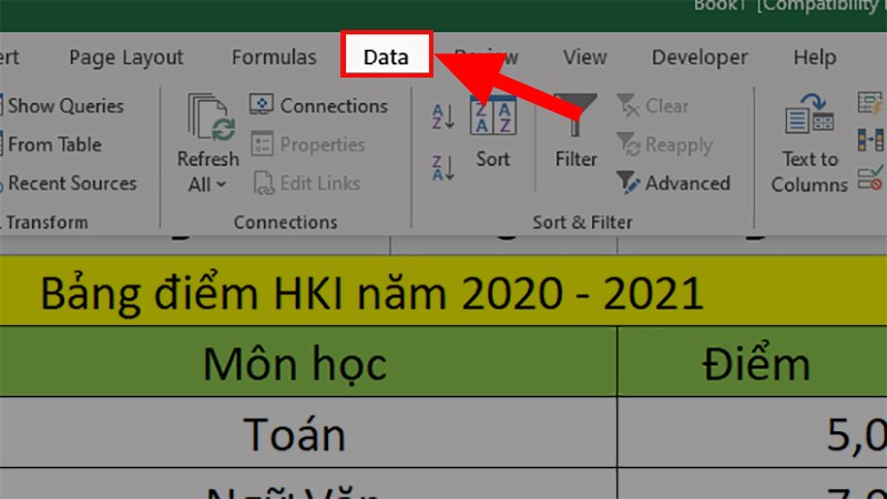 Mở file Excel có số điểm cần tính > Chọn thẻ Data