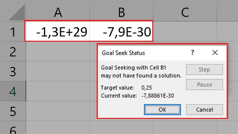 Goal Seek sẽ báo lỗi và không thể thực hiện được > Bạn nhấn Cancel để tắt báo lỗi đi