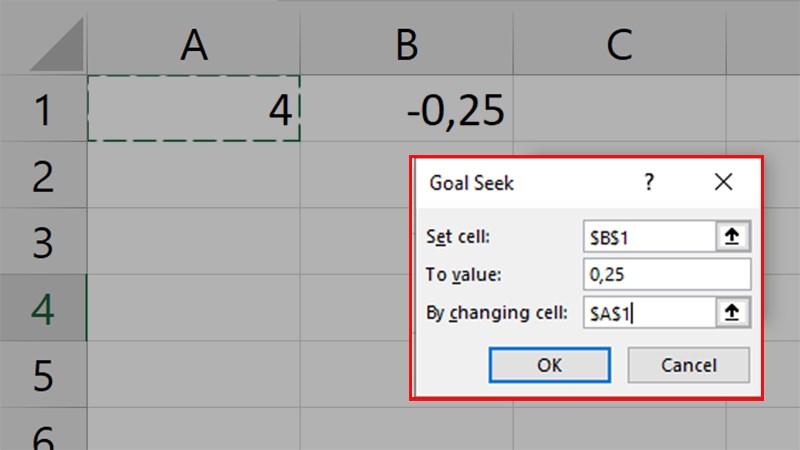 khi sử dụng Goal Seek để tìm ra giá trị đầu vào để trả kết quả từ công thức là +0.25