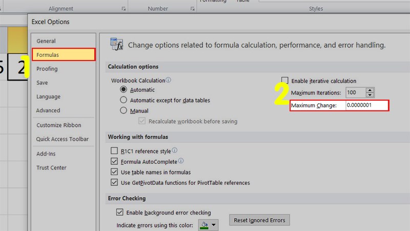 Chọn phần Formulas > Dưới mục Calculation options > Bạn giảm giá trị của Maximum Change bằng cách thêm vào vài số 0, so với giá trị mặc định vốn có là 0,001 > Nhấn OK