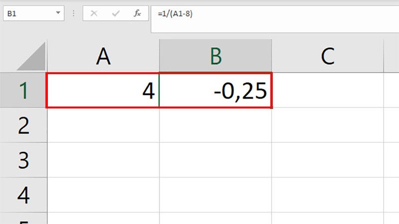 Công thức trong ô B1 dưới đây trả ra kết quả là -0.25