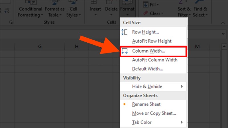 Ở danh sách xổ xuống chọn Column Width