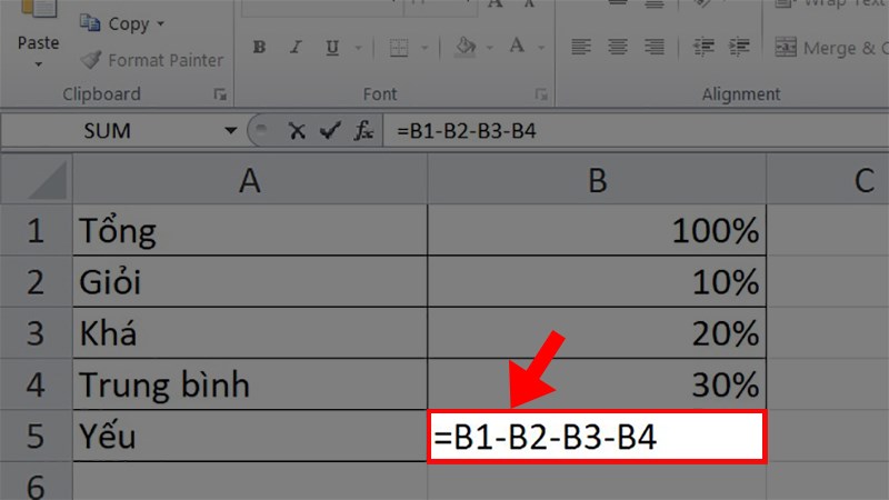 Nhập công thức: = B1-B2-B3-B4 > Nhấn Enter