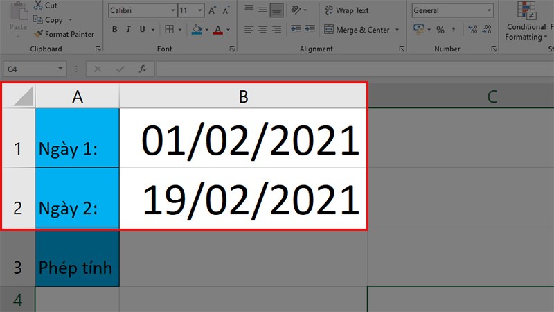 Ở ô B1 bạn nhập giá trị 1/2/2021 và ở ô B2 bạn nhập giá trị 19/2/2021