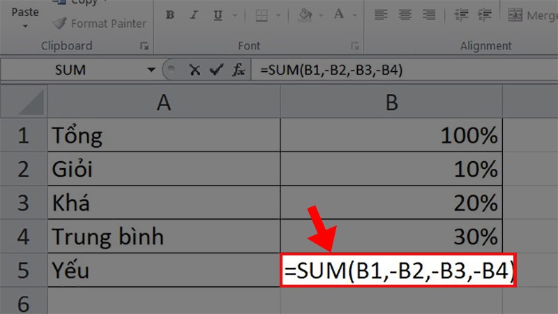 Nhập công thức =Sum(B1,-B2,-B3,-B4)