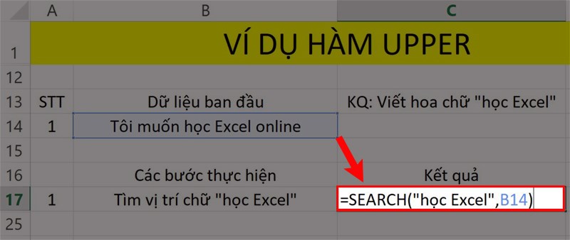 Ví dụ minh họa hàm UPPER kết hợp hàm SEARCH.