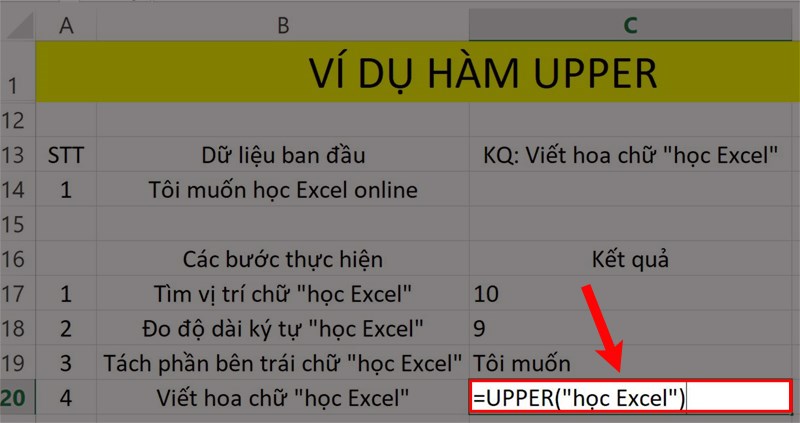 Dùng hàm UPPER để viết hoa chữ.