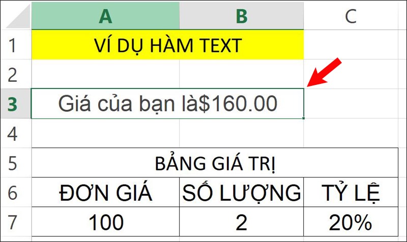 Kết quả hiển thị minh họa hàm TEXT.