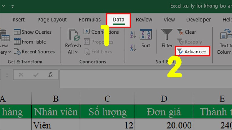 Chọn thẻ Data > Sort & Filter > Chọn Advanced\