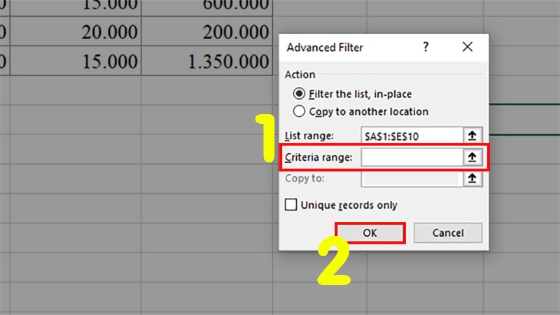 Xóa dữ liệu ở phần Criteria range > Nhấn OK