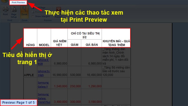 Tiêu đề được hiển thị ở trang 1