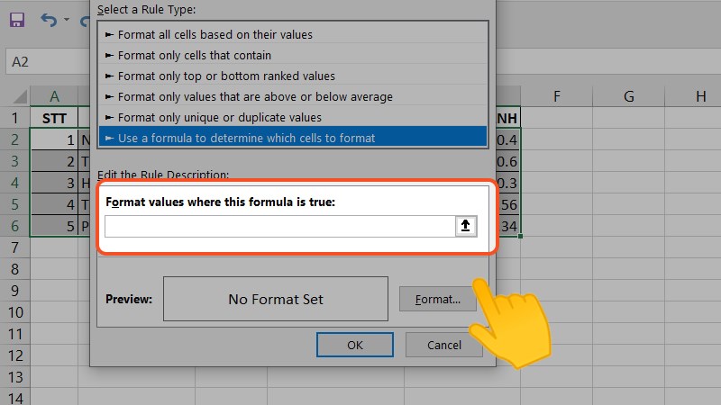 Tại ô Format values where this formula is true, nhập công thức để định dạng tô màu cho ô