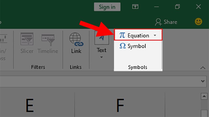 Đi đến mục Symbols > Chọn Equation