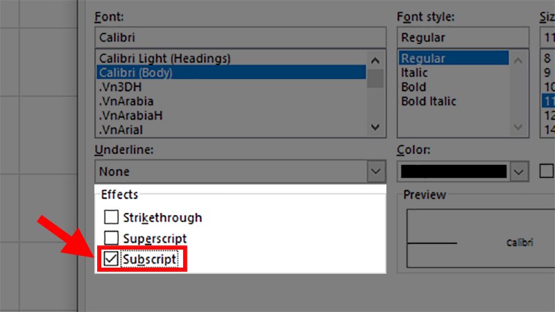 Đi đến mục Effect > Tích chọn Subscript > Nhấn OK