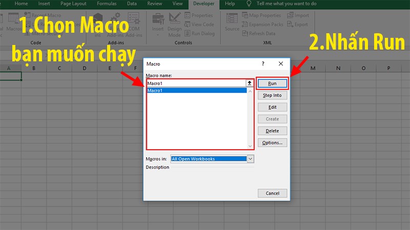 Vào thẻ Developer > Ở phần Code chọn Macros