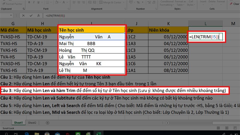 Chọn ô bất kỳ và nhập công thức =Len(Trim(Text))