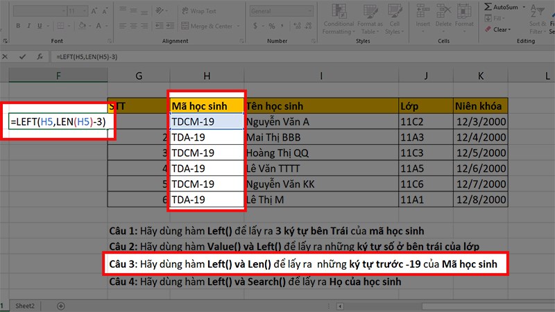 Chọn ô bất kỳ để nhập công thức =Left(Text,Len(Text)-3))