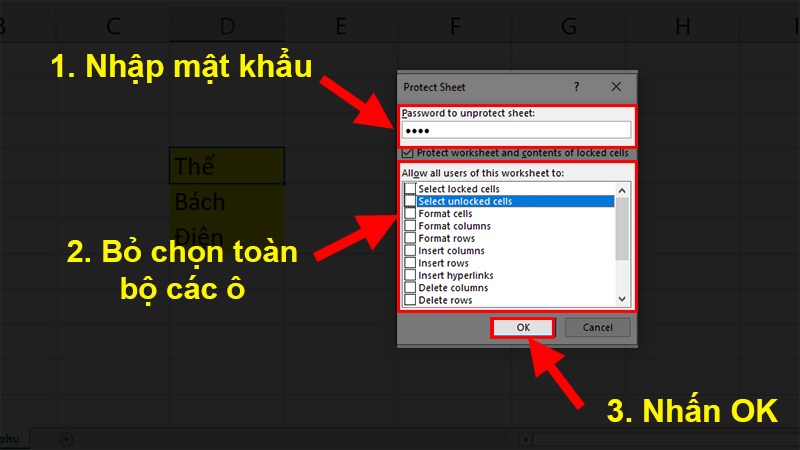 Nhập mật khẩu và bỏ chọn tất cả các ô bên dưới 