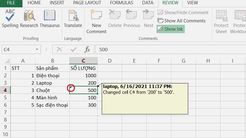 Khi bạn rê chuột vào ô đó, thông tin lịch sử chỉnh sửa sẽ hiện ngay bên cạnh