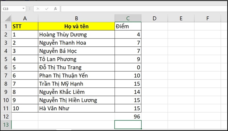 Cách tính tổng bằng nhập hàm SUM