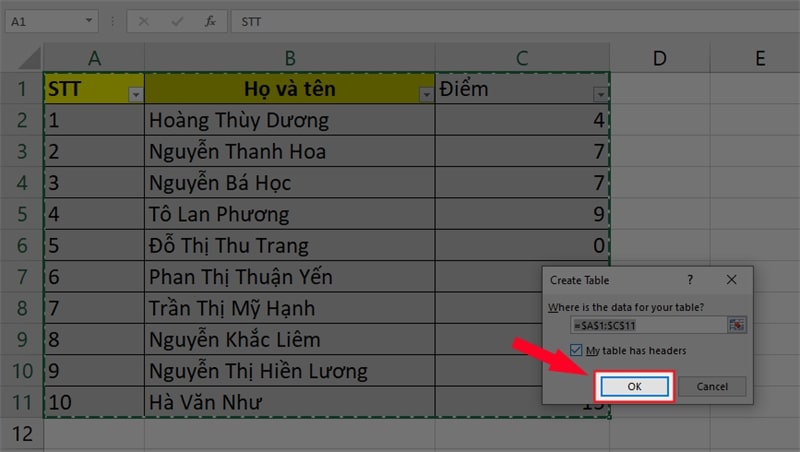 Chuyển đổi dữ liệu của bạn vào bảng Excel để có được tổng số của các cột