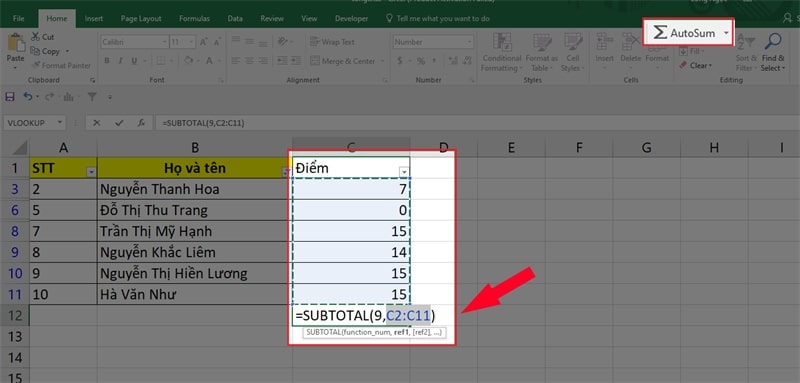 Tính tổng các ô được lọc bằng Subtotal trong Excel