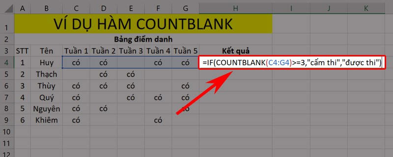 Ví dụ minh họa hàm COUNTBLANK kết hợp hàm IF