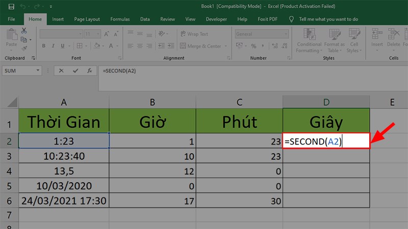 Tại ô đầu tiên của cột giây > Nhập công thức =SECOND(A2)