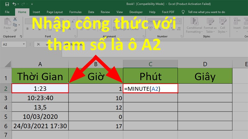 Tại ô đầu tiên của cột phút > Nhập công thức =MINUTE(A2)