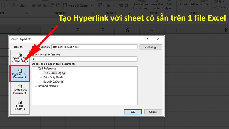 Hộp thoại Insert Hyperlink xuất hiện